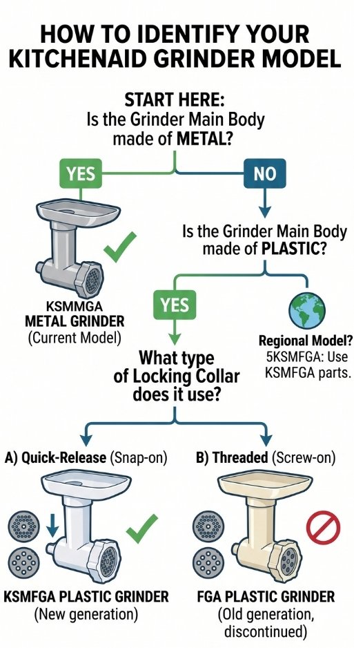 Do you have the Metal (KSMMGA) or the Plastic grinder? If it's plastic, is it the Old FGA or the New KSMFGA? This easy flowchart helps you identify your specific model using physical clues and the engraved model number location. Perfect for finding the right replacement parts.