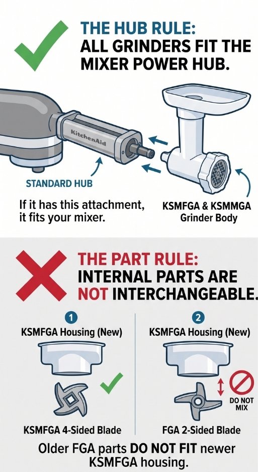 Most people buy the wrong replacement parts for their KitchenAid grinder. While ALL attachments fit the power hub, internal components (blades, plates) are model-specific. This diagram shows why older FGA parts do not fit new KSMFGA housing. Learn the difference before you buy.