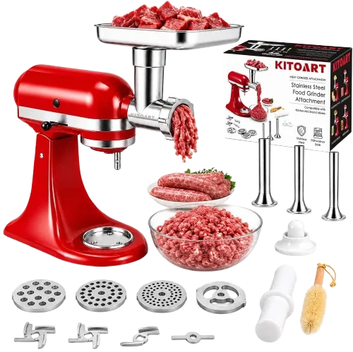 KitchenAid KSMMGA metal food grinder attachment with grinding plates and sausage stuffer accessories