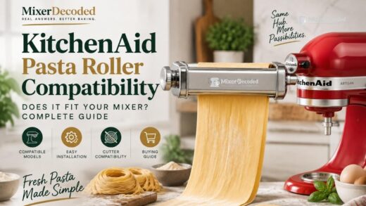 KitchenAid pasta roller compatibility: kitchenaid pasta roller attachment connected to a red stand mixer with fresh pasta sheets showing compatibility, installation, and cutter guidance.