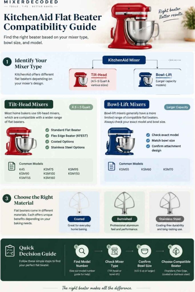 KitchenAid flat beater compatibility guide showing tilt-head and bowl-lift mixer types, compatible models, and beater material options.