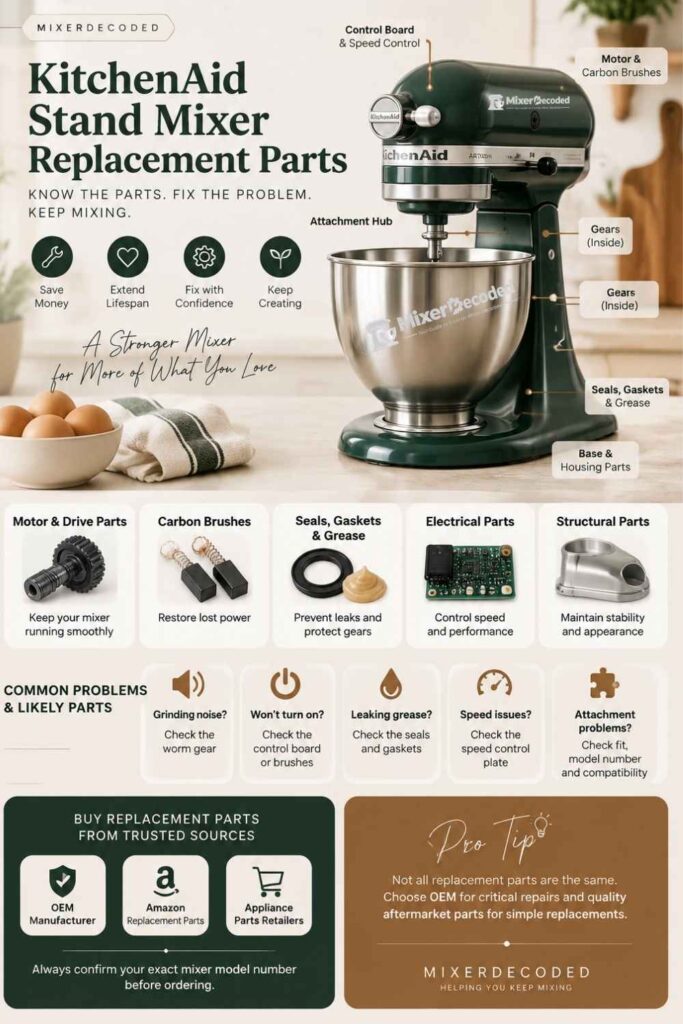 Infographic showing common stand mixer replacement parts including worm gears, carbon brushes, control boards, seals, gaskets, grease, and repair tips for KitchenAid mixers.