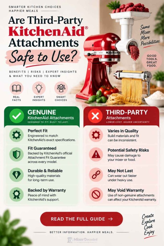 Infographic comparing genuine vs third-party KitchenAid attachments: fit, warranty, and safety differences explained