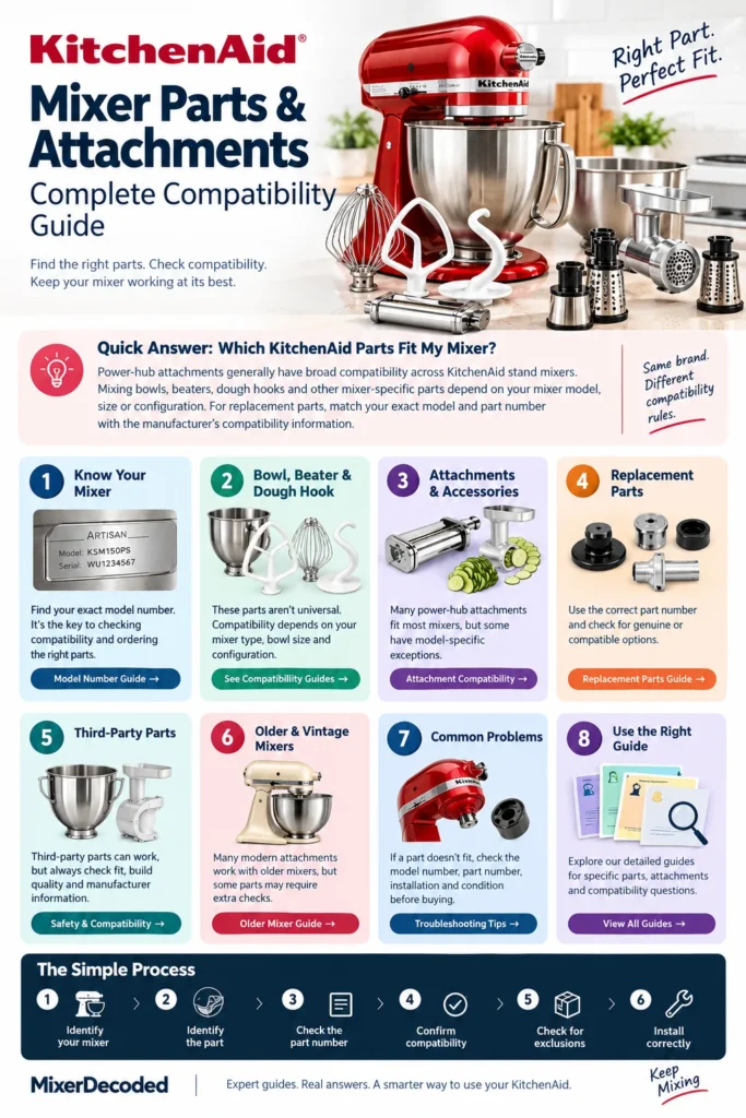 KitchenAid mixer parts and attachments compatibility infographic showing bowls, beaters, dough hooks, replacement parts and compatibility steps